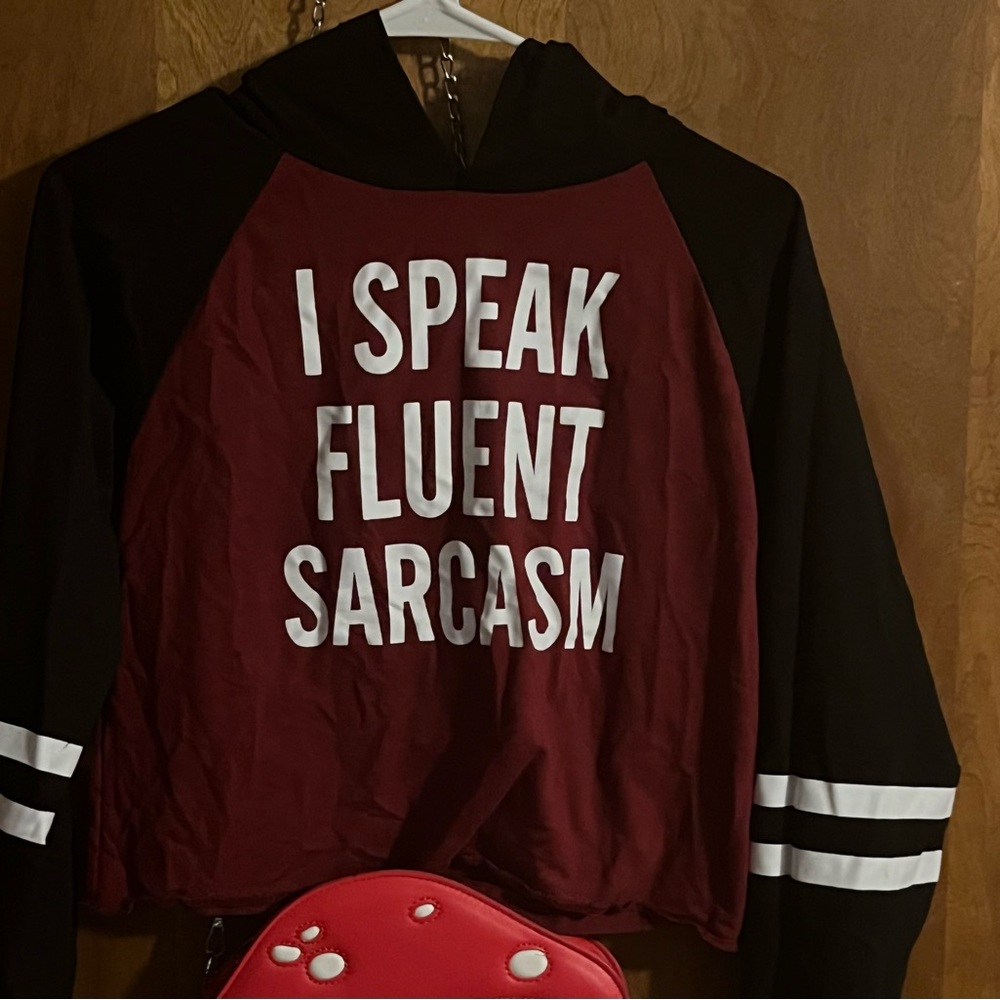 Women’s XS or Small cropped hoodie Black and Maroon Graphic Hoodie